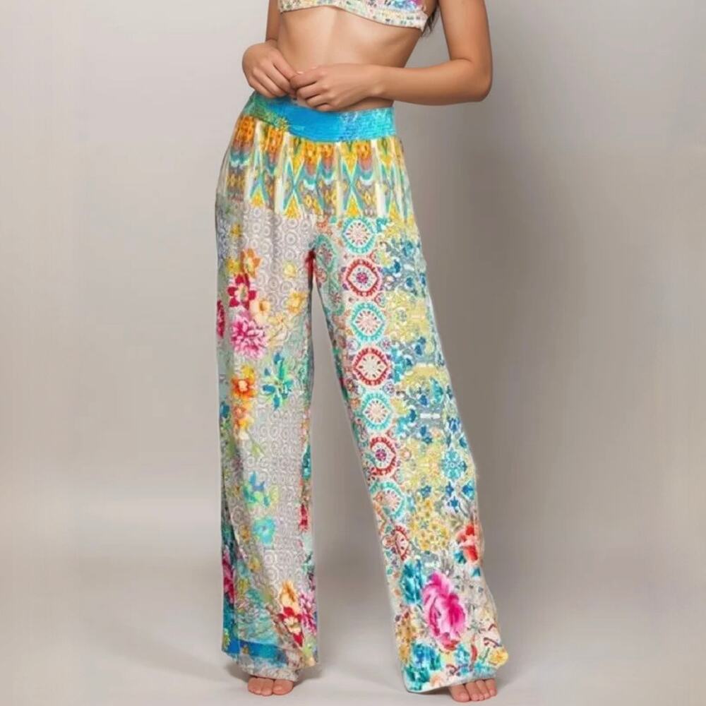 Johnny Was Pearce Smocked Pant - Tropical Print - Wide Leg - Size XL